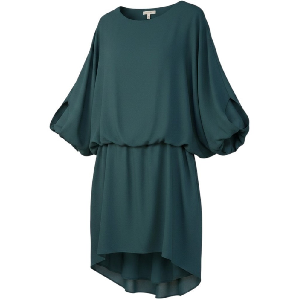 Trina Turk Manhattan Dress L Teal Blouson Hi Low Dolman Sleeve NWT $298